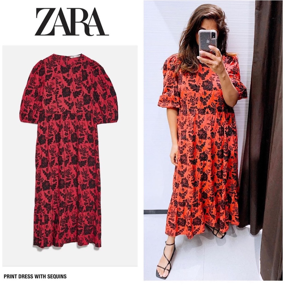 Zara red print dress with sequins size L cotton